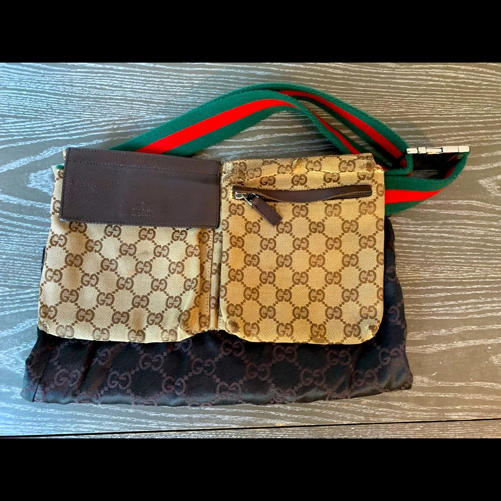 Gucci Monogram Canvas Belt Bag with signature Red and Green Strap